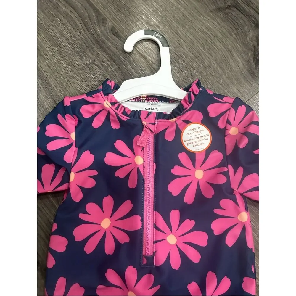 Carter's Navy One-Piece Rash Guard Swimsuit with Hot Pink Daisy Print